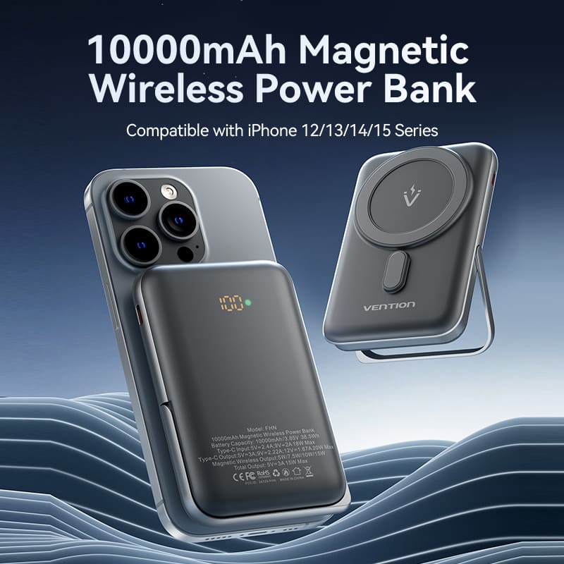 Power Bank Magnético Inalámbrico de 10000mAh con Soporte y Carga Rápida