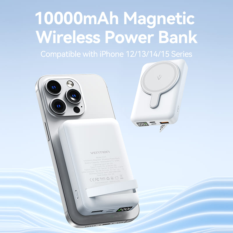 Power Bank Inalámbrico Magnético 10000mAh con Soporte, Carga Rápida y Pantalla LED